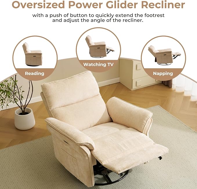 Oversized Power Recliner Chairs for Adults with Massage and Heat, Power Swivel Rocker Recliner Chair with Adjustable Headrest, 26" Extra Wide Rocker Nursery Recliner with USB Port, Beige