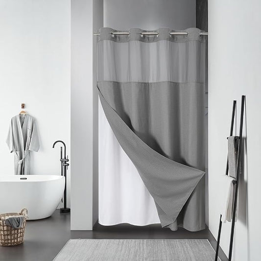 Grey No Hook Waffle Weave Shower Curtain with snap-in Liner Replacement, 230GSM Waterproof Fabric Hotel Shower Curtain Set for Bathroom, Through Mesh Top Window,60Wx74H