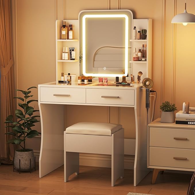 Vanity Desk with Mirror and Lights, Makeup Vanity with Glass Top & Power Strip, White Vanity with 2 Drawers for Women, 3 Lighting Modes Adjustable Brightness, Dressing Table with Stool for Bedroom