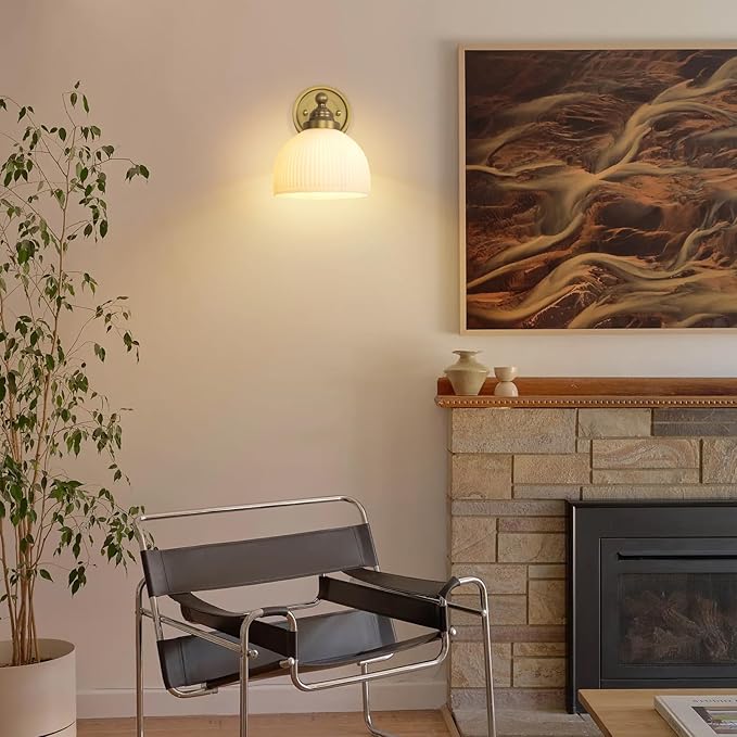 Vintage Wall Sconce 1-Light with White Striped Glass Globe Shade, Indoor Wall Mounted Lamp Fixture for Living Room Bedroom Kitchen Hallway