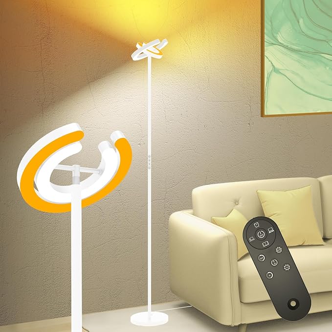 Torchiere Floor Lamp for Bedroom, 75.5 Inch Tall Corner Standing Lamp for Living Room with Rotatable Ring Lights, 36W Bright Dimmable LED Floor Light with Remote Control for Reading Office