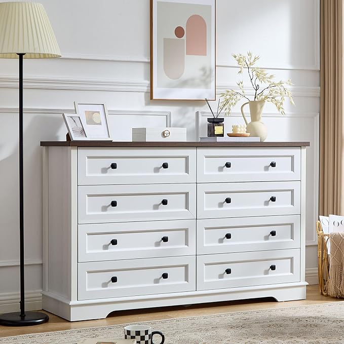 SOOWERY Dresser for Bedroom, Farmhouse Dresser with 8 Wooden Drawers and Storage Cabinet, 55 Inches Wide Chest of Drawers for Bedroom, Living Room, Hallway, White