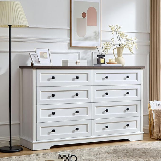 SOOWERY Dresser for Bedroom, Farmhouse Dresser with 8 Wooden Drawers and Storage Cabinet, 55 Inches Wide Chest of Drawers for Bedroom, Living Room, Hallway, White