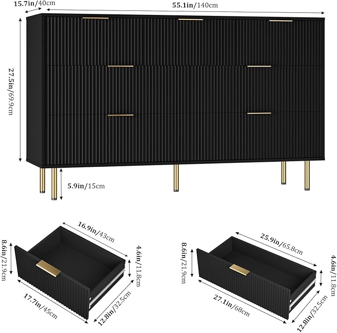 7 Drawers Dresser for Bedroom, Fluted Dresser Chest of Drawers with Gold Handle, Wood Modern Dressers for Closet, Bedroom Furniture Storage Organizer for Living Room, Hallway