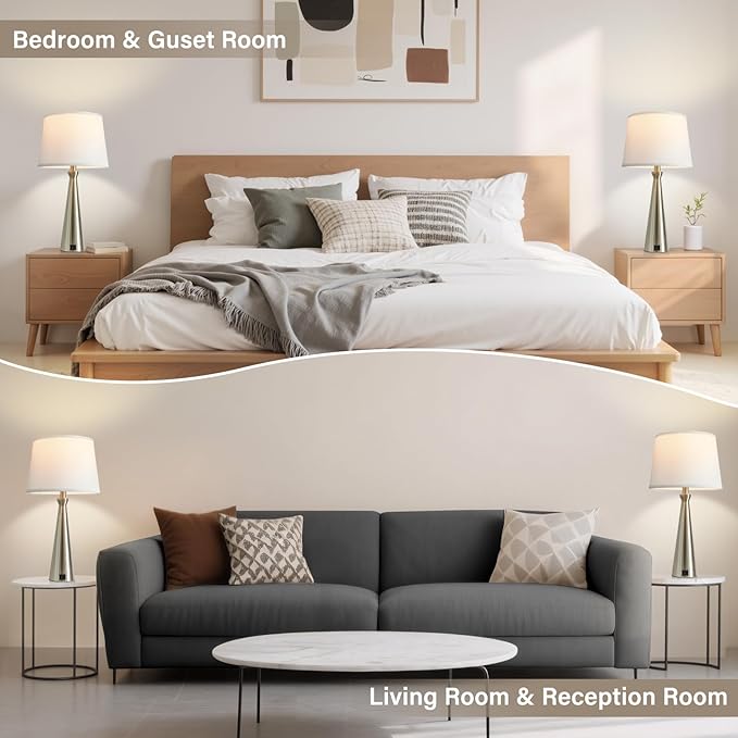 Seealle Modern Table Lamps Set of 2 - Touch Bedside Lamp for Nightstand with USB C+A,3-Way Dimmable Silver Nightstand Lamps for Living Room Bedroom End Table with White Shade(Bulb Included)