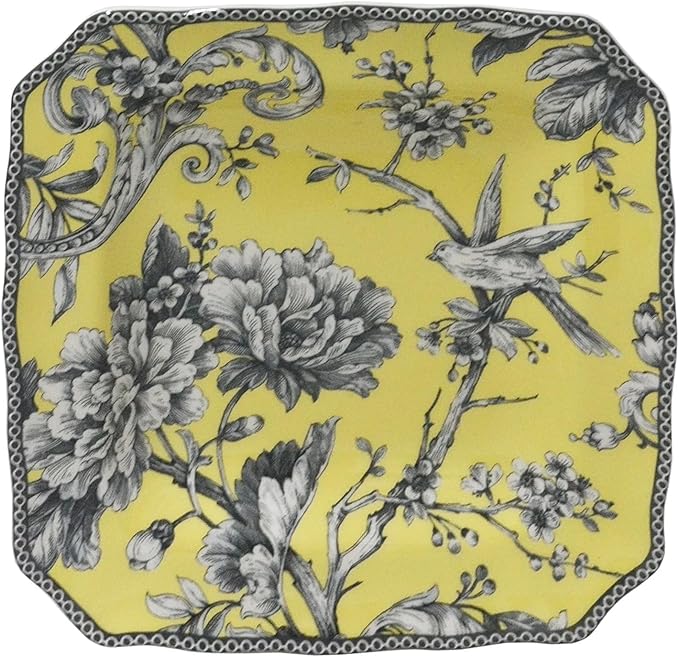 222 Fifth Adelaide 16-Piece Square Floral Dinnerware Set – Service for 4,Yellow Porcelain Plates & Bowls, for Everyday Dining & Entertainment, Microwave & Dishwasher Safe, Chip Resistant