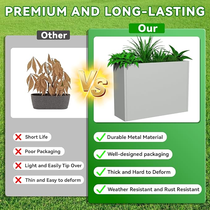 Metal Planter, 38L x 10W x 30H, Heavy Duty Tall Planters for Outdoor Plants, Planters with Removable Insert Shelf, Large Planters with Drainage Holes for Porch, Patio and Yard, Grey