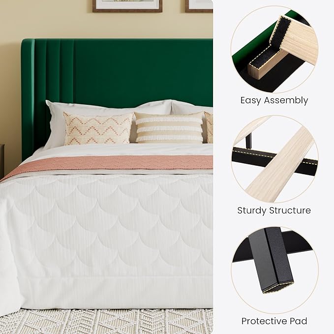 SHA CERLIN Queen Size Velvet Upholstered Platform Bed Frame with Vertical Channel Tufted Wingback Headboard, Wooden Slats Support, Easy Assembly, Under Bed Storage, No Box Spring Required, Green