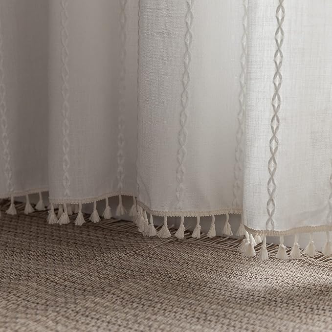 Boho Embroidery Linen Curtains 108 Inches Long for Living Room, 2 Panels Set, Cream Off White Light Filtering Farmhouse Draperies for Bedroom, Rod Pocket, 52" W x 108" L