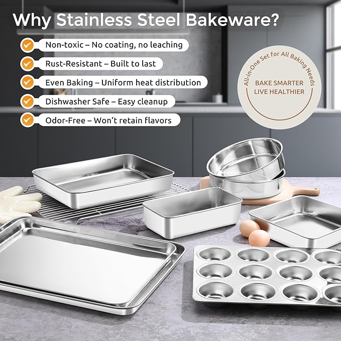 E-far 9-Piece Baking Pan Set, Stainless Steel Bakeware Sets for Sheet Cake Cookie Loaf Muffin, Include Baking Sheet, Round Square Rectangle Baking Pan & Cooling Rack, Dishwasher Safe