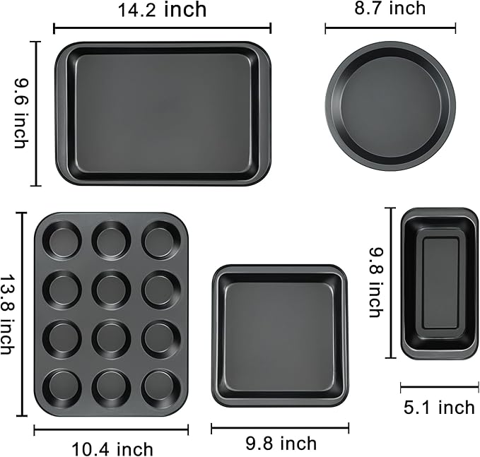 Kitchen 5-Piece Nonstick Bakeware Set - Round/Square Cake Pans, Muffin Pan, Loaf Pan, Roast Pan & Baking Sheets