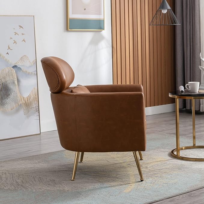 Accent Chair Set of 2 Upholstered Barrel Arm Chair for Living Room Bedroom Reception Room Office, Modern Soft Padded Single Sofa Chair with Golden Legs & Lumbar Pillow, PU Brown