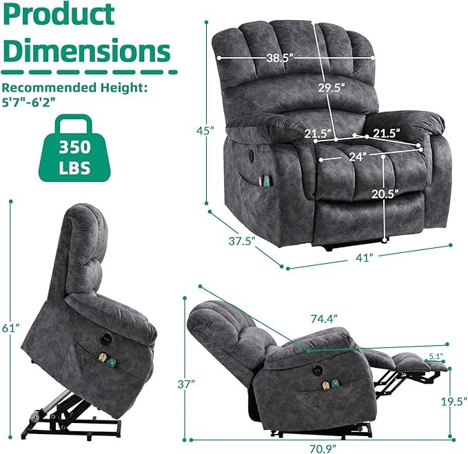 VIVIJASON Large Power Lift Recliner Chair with Heat & Massage for Elderly Big People, Overstuffed Wide Electric Lift Chair with Extended Footrest, 2 Remote Controls, Side Pockets & USB Ports, Gray