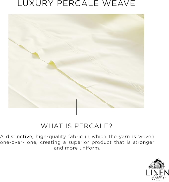 Linen Home 100% Cotton Percale Sheets Full Size, Cream, Deep Pocket, 4 Pieces Set - 1 Flat, 1 Deep Pocket Fitted Sheet and 2 Pillowcases, Crisp Cool and Strong Bed Linen