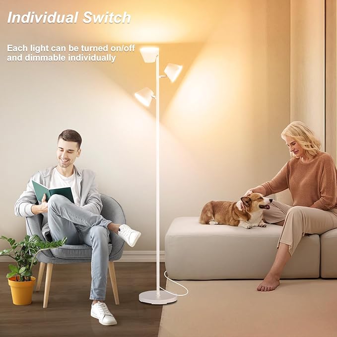 White 42W Tree Floor Lamp, Super Bright LED Standing Lamp with Remote, Modern Dimmable Floor Lamps,Individual Control, Rotable Head LED Lamp for Living Room Bedroom Office