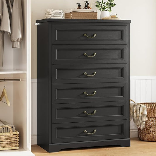 DICTAC Farmhouse 6 Drawers Dresser for Bedroom,51.2" Tall Rustic Wood Chest of Drawers,Large Storage Chest with Vintage Metal Handles, White Dresser for Bedroom,Closet,Hallway,Black