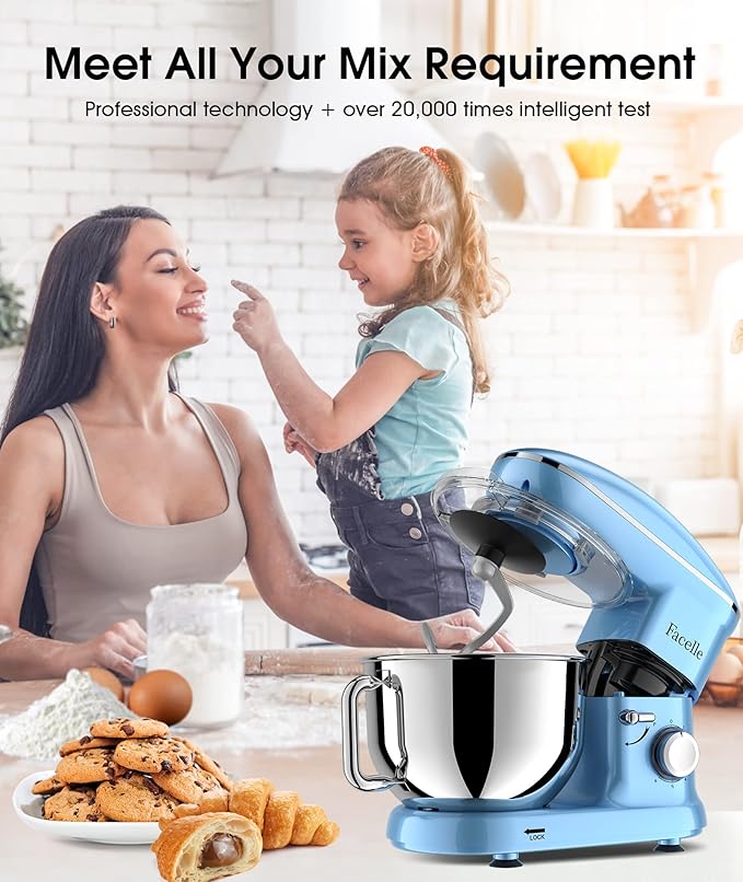 Facelle Stand Mixer, Electric Kitchen Mixer, 660W 6 Speed Tilt-Head stand mixer with Pulse, Attachments include 6.5QT Bowl, Dishwasher Safe Beater,Dough Hook,Whisk for Dough,Baking,Cakes,Cookie - Blue