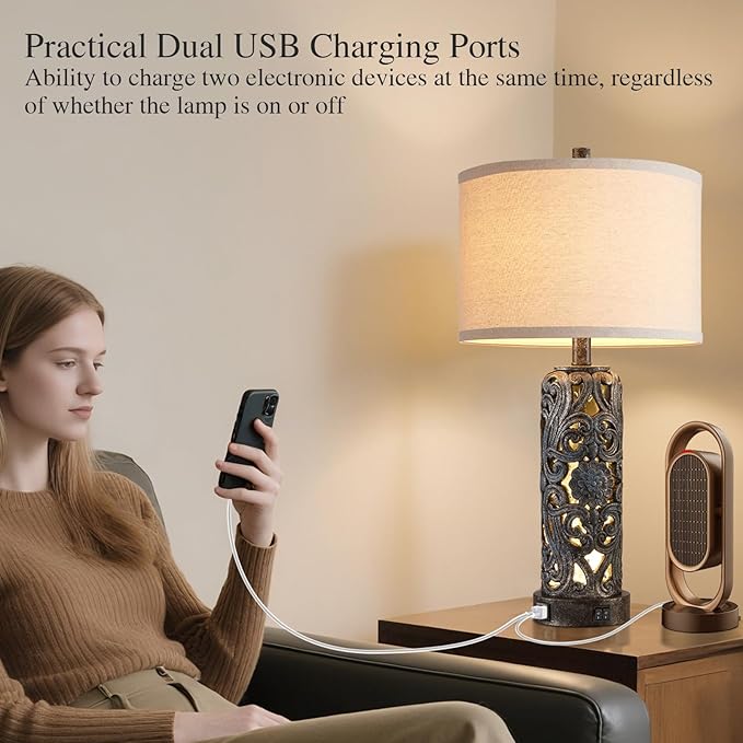 25'' Set of 2 Rustic Table Lamp for Bedroom Living Room with 2 USB Ports, Farmhouse Vintage Resin Nightstand Lamp with Nightlight, Antique Retro Desk Lamp for Entryway, 2 Bulbs Included