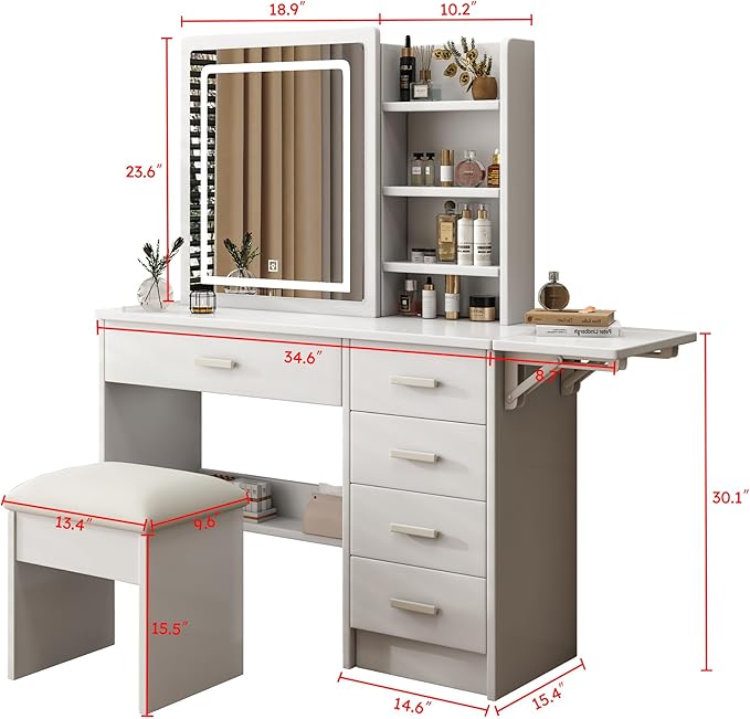 Stylish Vanity Desk with Mirror and Lights, White Dressing Table Set with Chair, 5 Drawers & Open Shelves, Adjustable 3-Color LED Lighting, Perfect for Bedroom Makeup