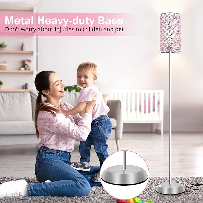Crystal Floor Lamp for Bedroom, Living Room Pink Floor Lamps Modern Tall Lamp with On/Off Foot Switch Glam Standing Light for Girls Bedroom Minimalism Pole Corner Lamp for Office Dorm Hotel