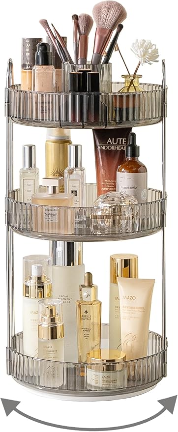 360 Rotating Makeup Organizer,3 Tier Large Capacity Make Up Organizers and Storage,Skincare Perfume Vanity Organizers,Bathroom Cosmetics Storage Organizer Countertop(Grey)