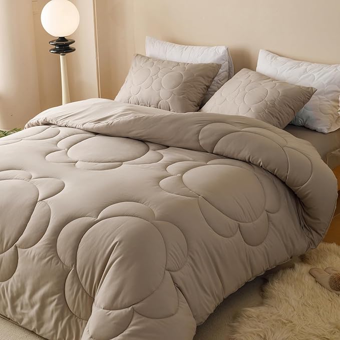 Luxlovery Mocha Coffee Comforter Set King Khaki Sunflower Quilts Boho Beige Coffee Bedding Comforter Set Boho Farmhouse Soft Breathable Comforter 3PCS Bed Set