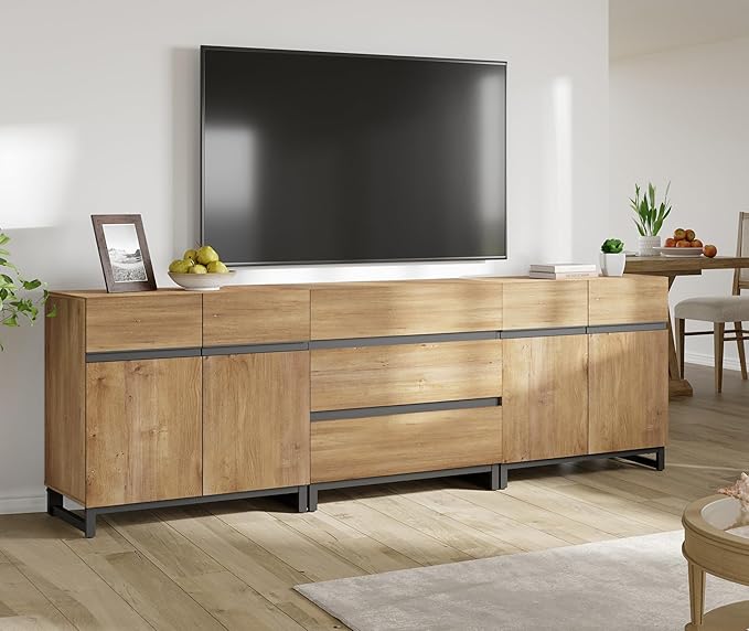 WAMPAT Modern TV Stand for TVs up to 100 inch, 3 in 1 TV Console with Adjustable Shelves and 3 Drawers, Media Console for Living Room, Bedroom, Oak