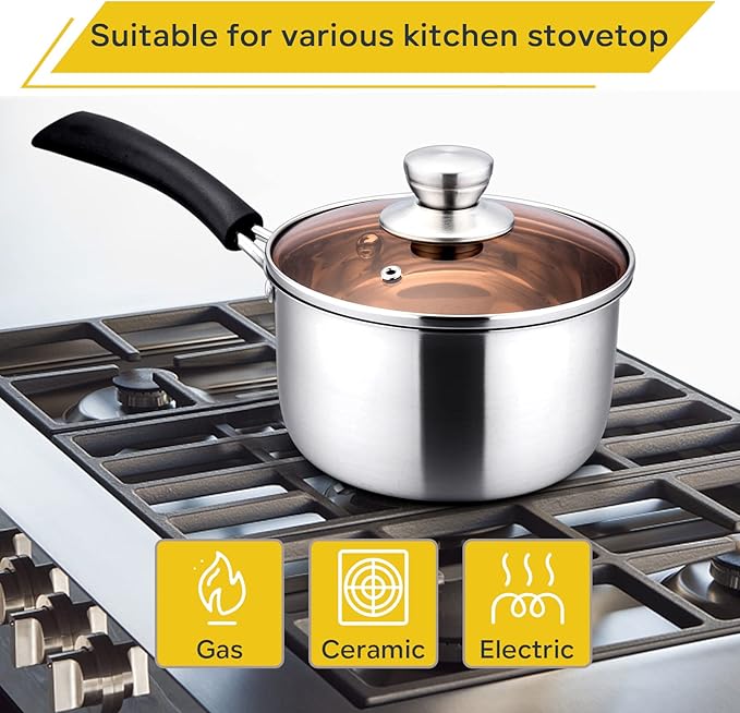 E-far Saucepan with Lid, Max Capacity 2 Quart Stainless Steel Sauce Pot with Glass Lid for Cooking, Easy Clean & Rust Free, Dishwasher Safe