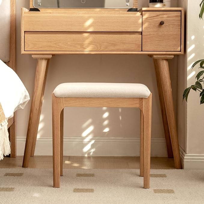 Solid Wood Small Vanity Stool Chair, High-Rebound Sponge Seat, Fully Assembled Makeup Chair, Footstool for Bedroom, Dining Room, Entryway, Natural Oak