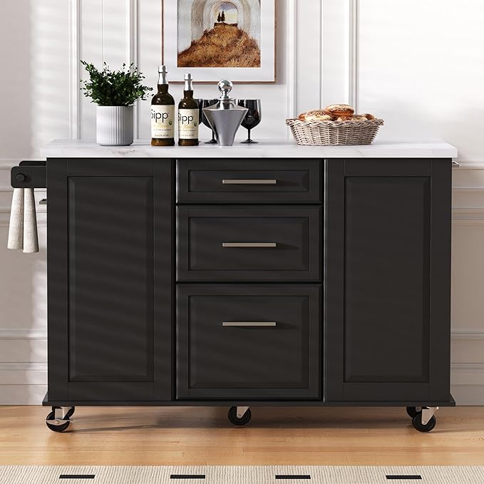 50.7" Mobile Kitchen Island with Storage Tilt Trash Can Cabinet and Pull Out Cabinet Organizer, Movable Rolling Island on 5 Wheels with Drop Leaf, 2 Drawers, 1Door for Kitchen, Dining Room (Black)