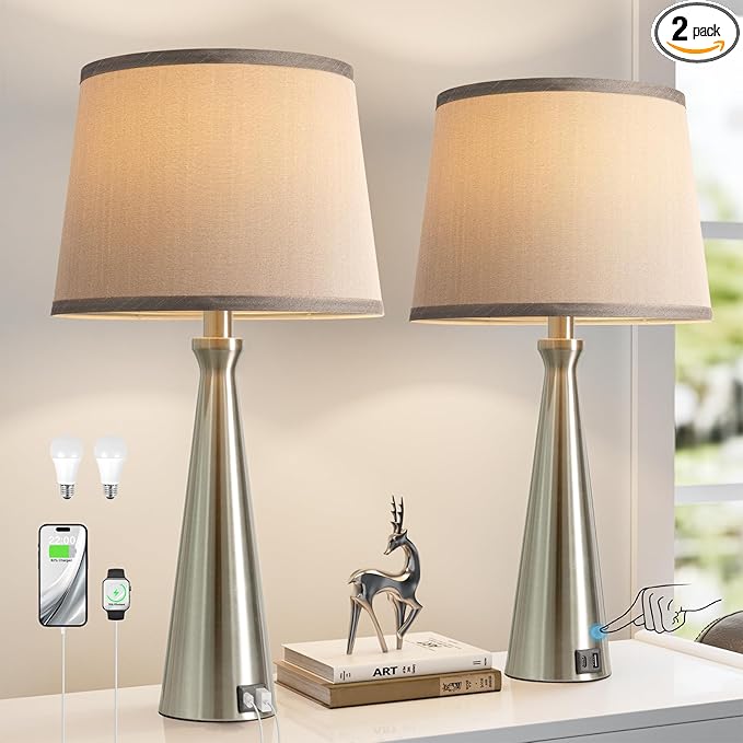 Seealle Modern Table Lamps Set of 2 - Touch Bedside Lamp for Nightstand with USB C+A,3-Way Dimmable Silver Nightstand Lamps for Living Room Bedroom End Table with Grey Shade(Bulb Included)