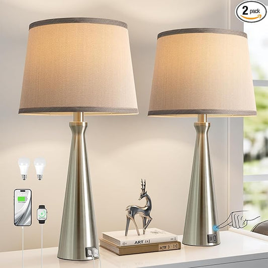 Seealle Modern Table Lamps Set of 2 - Touch Bedside Lamp for Nightstand with USB C+A,3-Way Dimmable Silver Nightstand Lamps for Living Room Bedroom End Table with Grey Shade(Bulb Included)