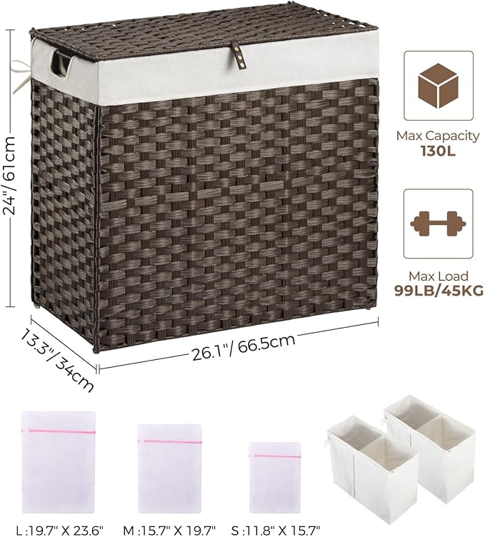 Greenstell Laundry Hamper with lid, No Install Needed, 130L Wicker Laundry Baskets Foldable 2 Removable Liner Bags, 2 Section Clothes Hamper Handwoven Rattan Laundry Basket with Handles, Brown