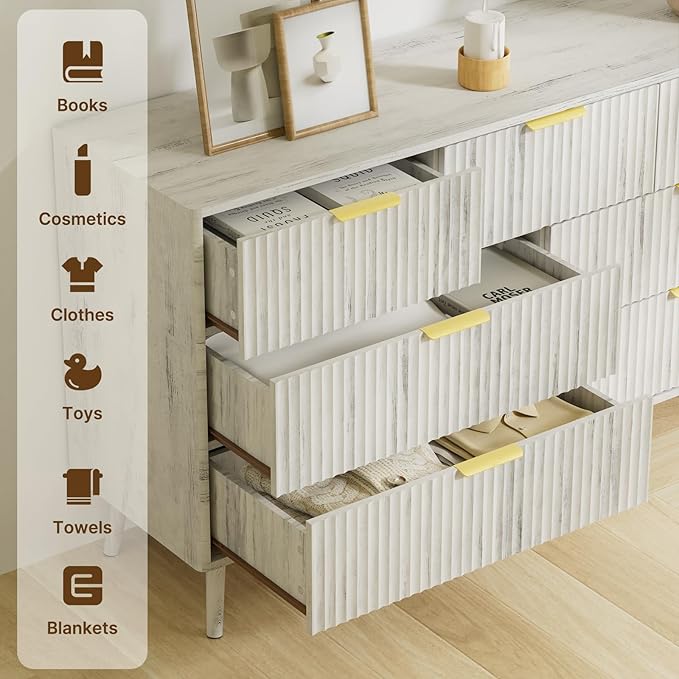 LYNSOM 55" Wide Fluted Dresser for Bedroom with 7 Drawer, Modern Chest of Drawers with Curved Profile Design and Metal Handles, Wood Dresser TV Stand & Storage Organizer for Living Room, White