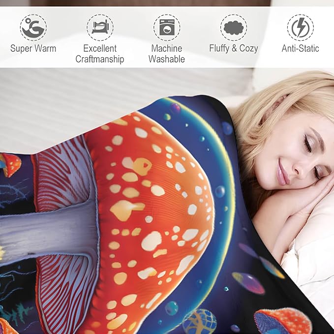 Mushroom Throw Blanket, Mushroom Gifts for Women Men, Soft Hippie Cottage Core Room Decor, Lighweight Flecce, 60x80 inches, 310 GSM, No Pilling, Single Sided Printed