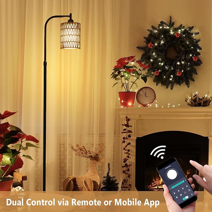 Floor Lamp with Remote, Dimmable Rattan Floor Lamp with LED Bulb, Industrial Black Tall Pole Lamp with Rattan & Fabric Shades, Boho Farmhouse Standing Lamps for Living Room Bedroom Office