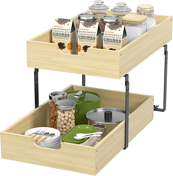 COOLBEBE Pull Out Drawer Organizer for Cabinets, 2 Tier Soft Close Cabinet Drawers Slide Out, 2 Layer Wood Double Tier Pull Out Shelves for Kitchen, Pantry, Bathroom