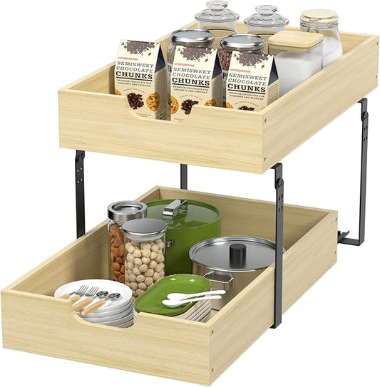 COOLBEBE Pull Out Drawer Organizer for Cabinets, 2 Tier Soft Close Cabinet Drawers Slide Out, 2 Layer Wood Double Tier Pull Out Shelves for Kitchen, Pantry, Bathroom