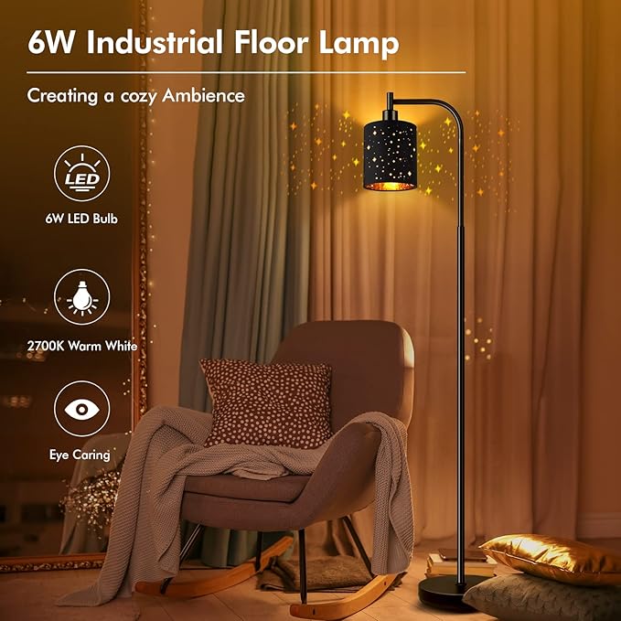 Gothic Industrial Floor Lamp with Starry Laser Cut Shade, 67" Black Metal Standing Lamp with 6W LED Bulb,Foot Switch, Perfect Halloween Spooky Home Decor,Tall Floor Lamp for Bedroom, Living Room,Black
