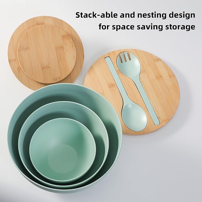 Salad Bowls Set of 3 with Lid & Serving Utensils, Bamboo Fiber Mixing Bowls Set Large Serving Bowls & Storage Set with Bamboo Lid for Salad, Kitchen Eating, Pasta, Popcorn, Chips, Fruit, Cyan