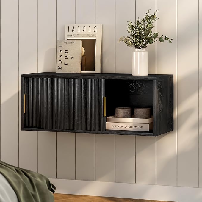 Fluted Floating TV Stand Set of 2, 30" Multi-Purpose Modern TV Display Shelf Console Entertainment Center Cabinet with Sliding Doors for Bedroom Living Room Entryway, Black