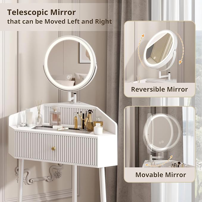 ARTETHYS Corner Vanity Desk with Retractable and Rotating Mirror and Lights Small Modern White Makeup Vanity Set with Glass Top for Women Compact Girls Dressing Table with Storage for Small Space
