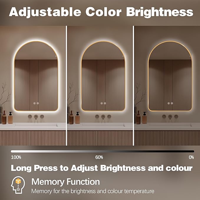 Niccy Arched LED Lighted Bathroom Mirror, 36x24 Inch Backlit Vanity Bathroom Mirror with Lights Brushed Gold Framed Wall Mounted Mirrors with 3 Color Shatterproof Arch Smart Fog Free Mirror