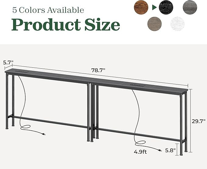 SUPERJARE 78.8 Inch Narrow Console Table with Outlet, Sofa Table Set of 2, Behind Couch Table, Long Entryway Tables with Charging Station, for Living Room, Black