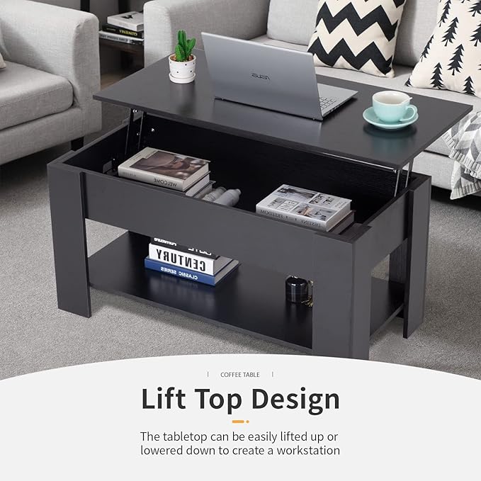 FDW 39.4" Lift Top Coffee Table with Hidden Compartment and Storage Shelf Wooden Lift Tabletop for Home Living Room Reception Room Office (Black)