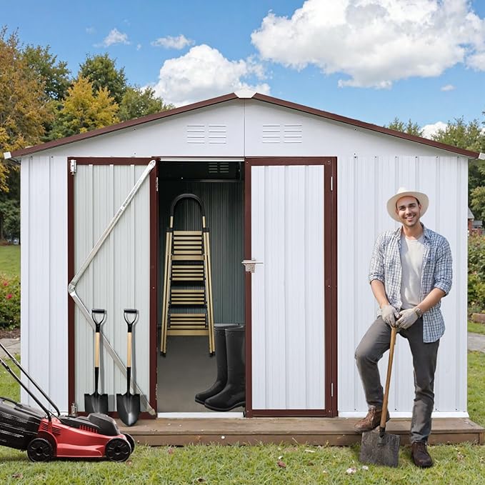 10 x 12 FT Outdoor Storage Shed, Metal Garden Tool Shed with Slooping Roof, Lockable Doors and Windows, Easy to Assemble for Garden, Patio, Lawn, White