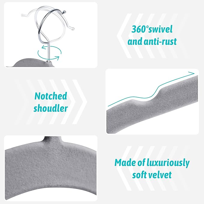 Premium Velvet Shirt Hangers 50 Pack, Space-Saving Non-Slip Felt Hanger with 360° Swivel Hook, Slim Flocked Hangers for Strappy Dresses, Blouses, Tank Tops(Grey)