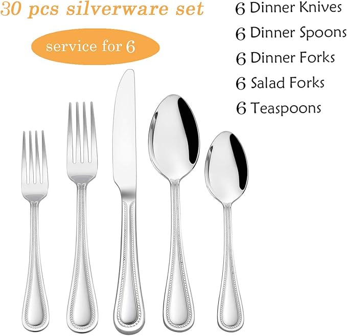 30-Piece Silverware Set, HaWare Stainless Steel Flatware Service for 6, Pearled Edge Tableware Cutlery Include Knife/Fork/Spoon, Beading Eating Utensil for Home, Mirror Polished, Dishwasher Safe