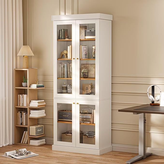 Vyre 70.8" Tall White Bookshelf with Glass Doors, Farmhouse Modular Bookcase with 6-Tier Adjustable Shelves, Large Storage Cabinet for Home Office, Living Room, Set of 3