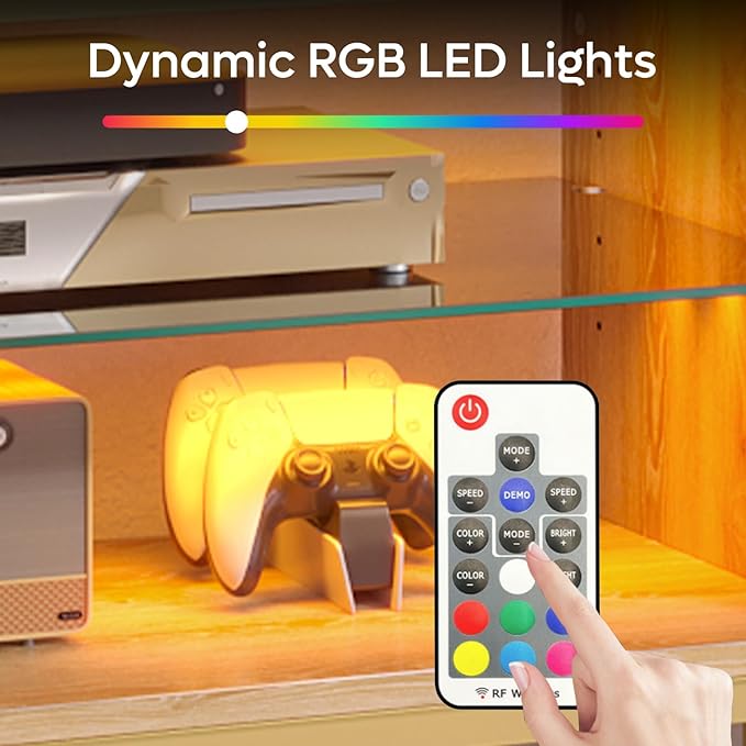 Bestier 80 Inch Natural Rattan TV Stand with Storage for 85 Inch TV, 4-in-1 Mid Century Modern Entertainment Center with LED Lights, Doors and Adjustable Glass Shelves for Living Room, Natural